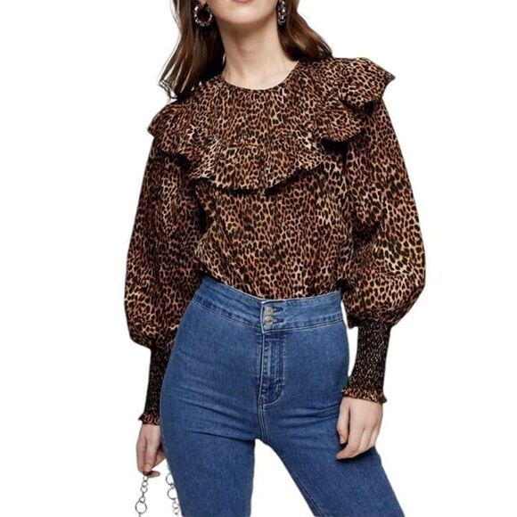 TopShop Leopard Animal Print Poplin Blouse Size 4 Small - Picture 1 of 11